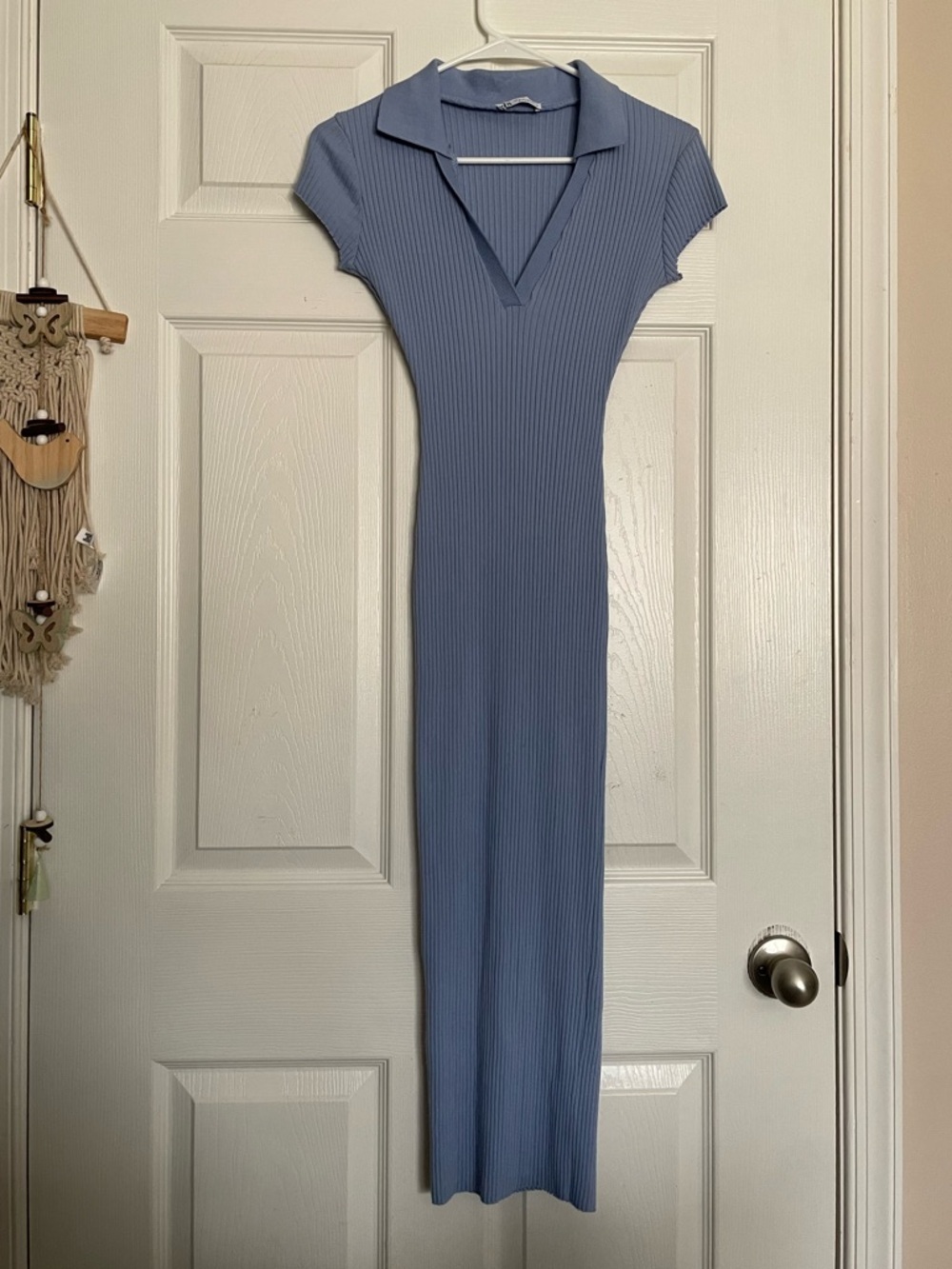 Zara Women’s Dusty Blue Ribbed Polo-Collar Midi Dress Size Small
